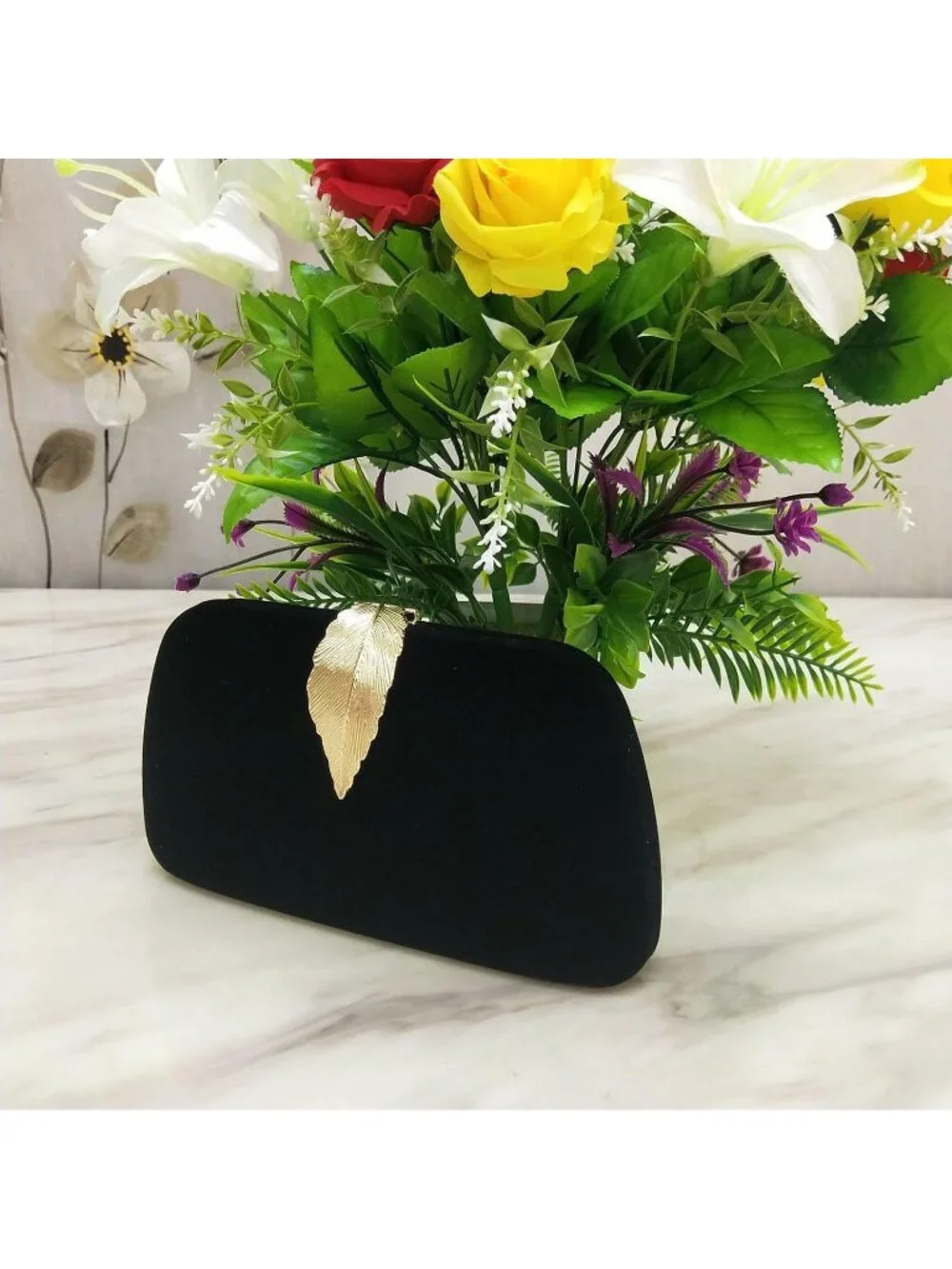 👜Women's Black Banquet Bag Dinner Elegant Clutch With Metallic Leaves Clasp
